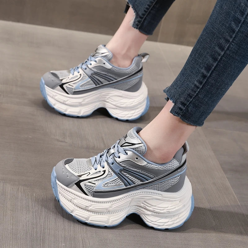 AUTUSPIN High Platform Women Sneakers 2025 Spring Fashion Thick Soled Shoes Breathable Mesh Splicing Footwear Outdoor Popular