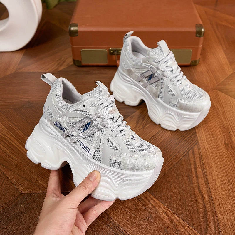 AUTUSPIN 9.5cm Grey Thick Bottom Shoes Women Summer Air Mesh Sneakers Leisure Footwear Female Street Tide High Platform Shoes