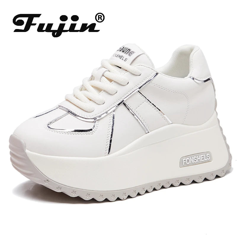Fujin 7cm Genuine Leather Spring Autumn Chunky Sneakers Breathable Casual Platform Wedge Flats Women Vulcanize Shoes