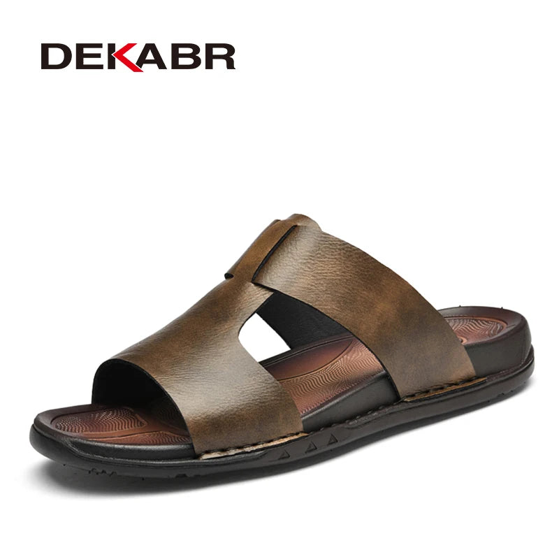 DEKABR Men's Summer Sandals Cow Leather Open Toe Slip-On Leisure Classical Flat Bottom Soft Shoes Size 37-46