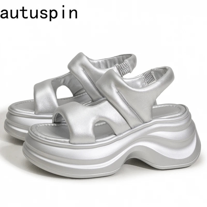 AUTUSPIN 8cm High Heels Sandals 2025 Women Summer Synthetic Leather Platform Chunky Shoes for Ladies Fashion Popular Sandalias