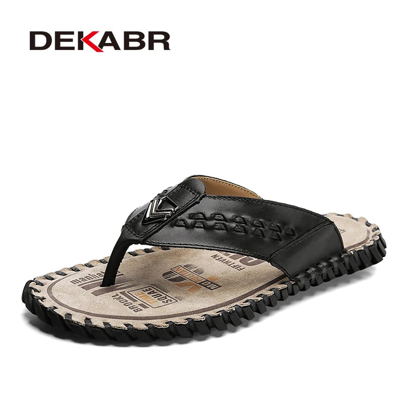 DEKABR Men's Flip Flops Fashion Genuine Leather Sweat-Absorbent Breathable Wear-Resistant Non-Slip Shoes Large Size 38-48