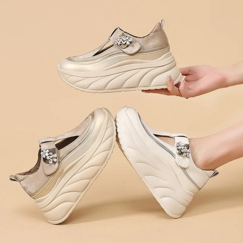Fujin 8cm Platform Sneakers for Women Casual Shoes Slip on Magic Tape Chunky Shoes White Women Fashion Sneakers Walking Shoes