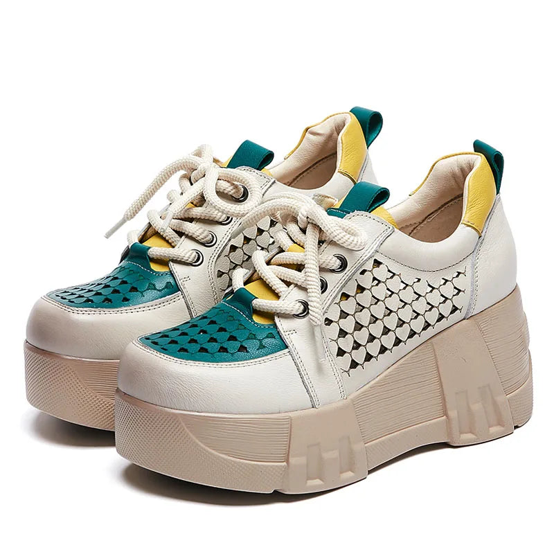 DRKANOL Fashion Summer Chunky Platform Shoes Women 2024 Genuine Cow Leather Mixed Colors Hollow Out Breathable Wedges Heel Shoes