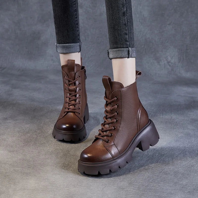 DRKANOL Genuine Cow Leather Ankle Boots For Women Height Increasing Thick High Heel Chunky Platform Autumn Winter Fur Warm Boots