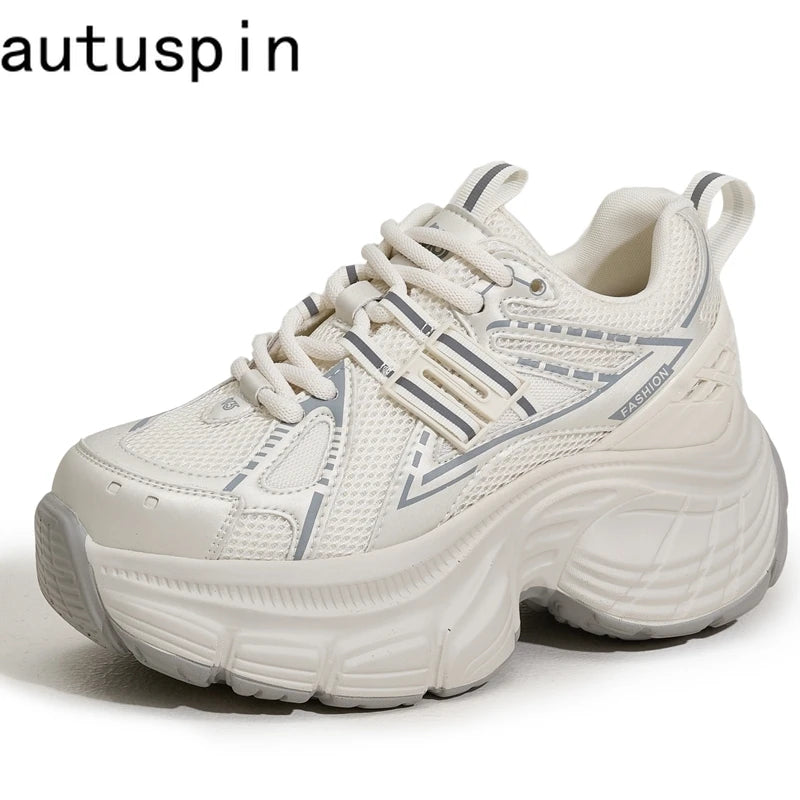 AUTUSPIN 7cm Women Mesh Shoes 2025 Autumn Chunky Sneakers Retro Lace-up Female Street Style Thick Bottom Ladies Sneaker Outdoor