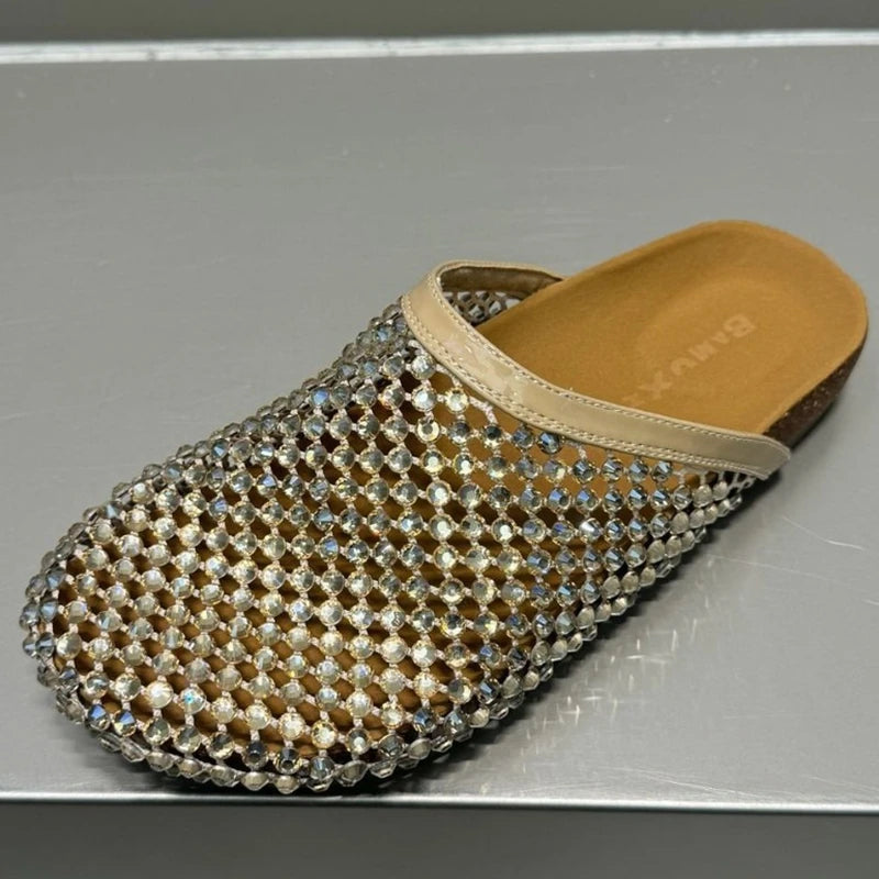 AUTUSPIN Women Tide Slippers Slip-on Ladies Shiny Crystal Shoes Fashion Round Toe Slides Female Party Leisure Flats Sandals