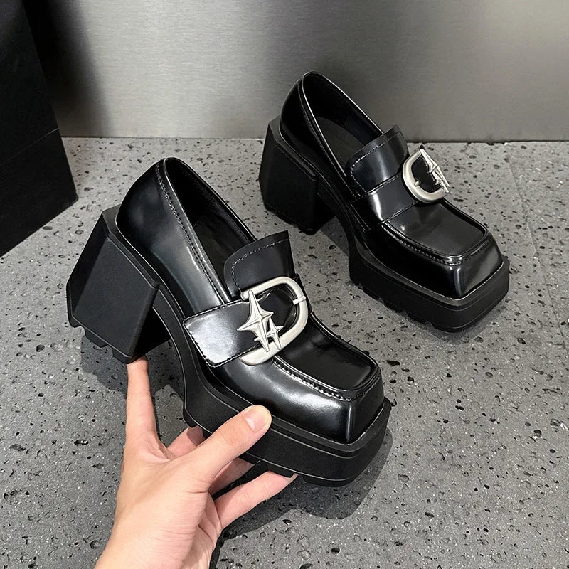 AUTUSPIN New British Style Women Pumps Popular Ladies Mary Janes High Thick Heels Woman Leather Square Toe Shoes Winter Female