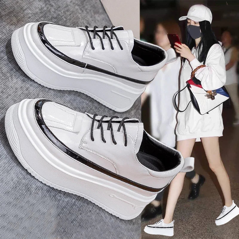Fujin 7.5cm Patent Leather Genuine Women Shoes Loafers Platform Sneakers Wedge Shoes Hidden Heel Breathable Spring Summer Shoes