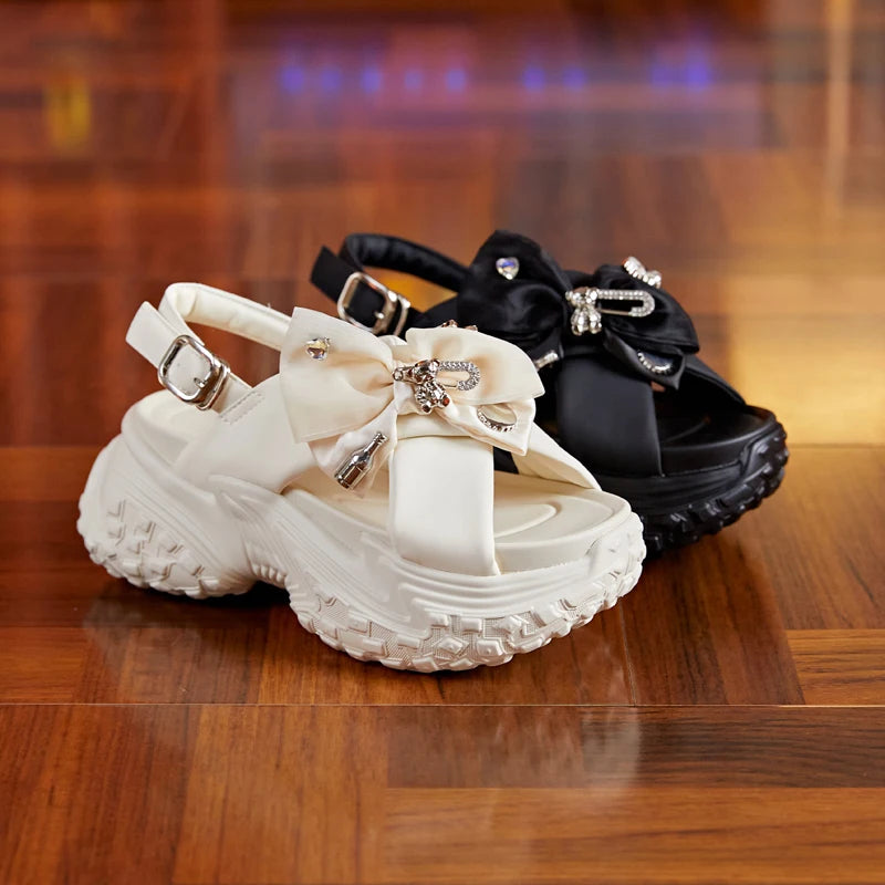 Autuspin Novelty Rome Sandals for Women New Metal Butterfly Knot Platform Ladies Wedges High Heels Sandal Genuine Leather Shoes
