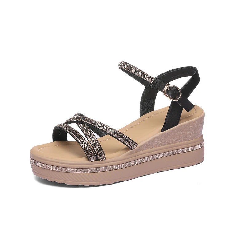 AUTUSPIN 6.5cm Wedge Platform Women Sandals Summer Fashion Genuine Leather Ankle Strap High Heels Ladies Rhinestone Bling Shoes