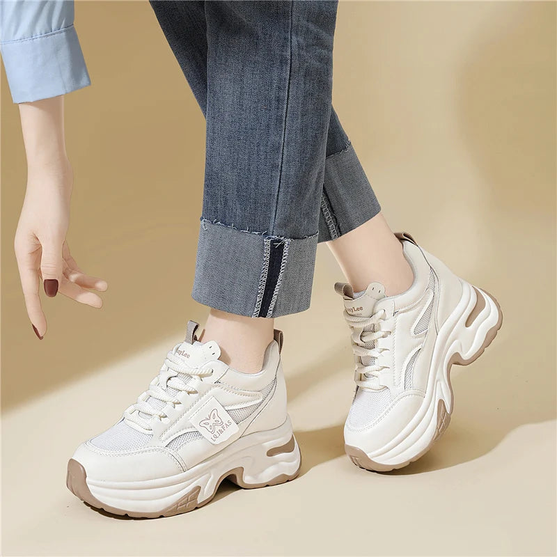 AUTUSPIN 9cm Wedges Platform Casual Shoes for Women Fashion Spring Breathable Mesh Sneakers Leisure Internal Heighten Footwear