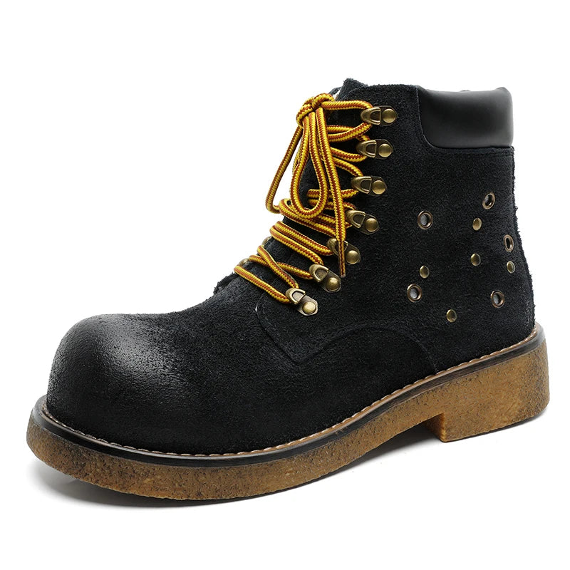 STRONGSHEN Handmade Men Motorcycle Boots Chunky Ankle Boots Leather Men Boots Retro Round Toe Autumn Winter Punk Street Style