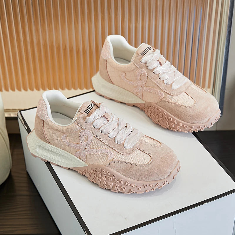 AUTUSPIN Women's Summer Shoes Fashion Genuine Leather Ladies Casual Sneakers Outdoor Non-slip Leisure Students Shoes Lace-up