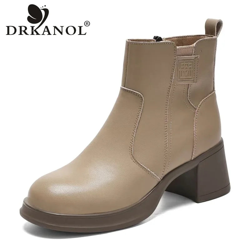 DRKANOL 2025 Women High Heel Ankle Boots Autumn Winter Plush Warm Shoes Quality Real Cowhide Trend Thick Heel Casual Short Boots