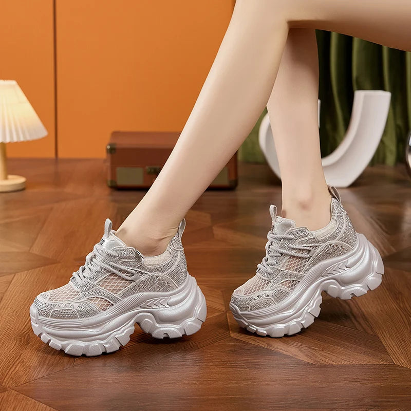AUTUSPIN 9cm Women Internal Heighten Shoes Summer Patchwork Mesh Crystal Shiny Shoes Ladies Thick Bottom Platform Chunky Sneaker