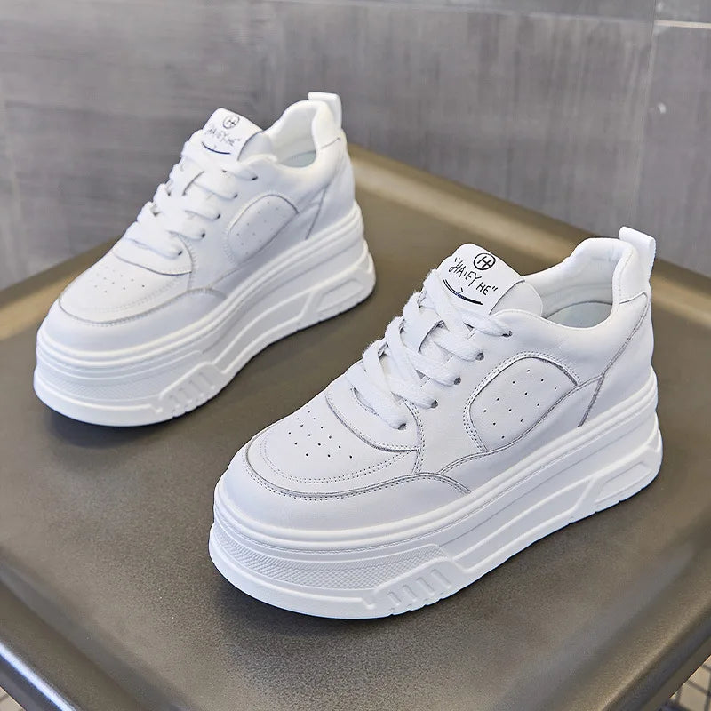 Fujin 6cm Women Shoes Chunky Sneakers Out Genuine Leather Casual White Wedge Shoes Platform Heel Pumps Mujer Bombas Breathable