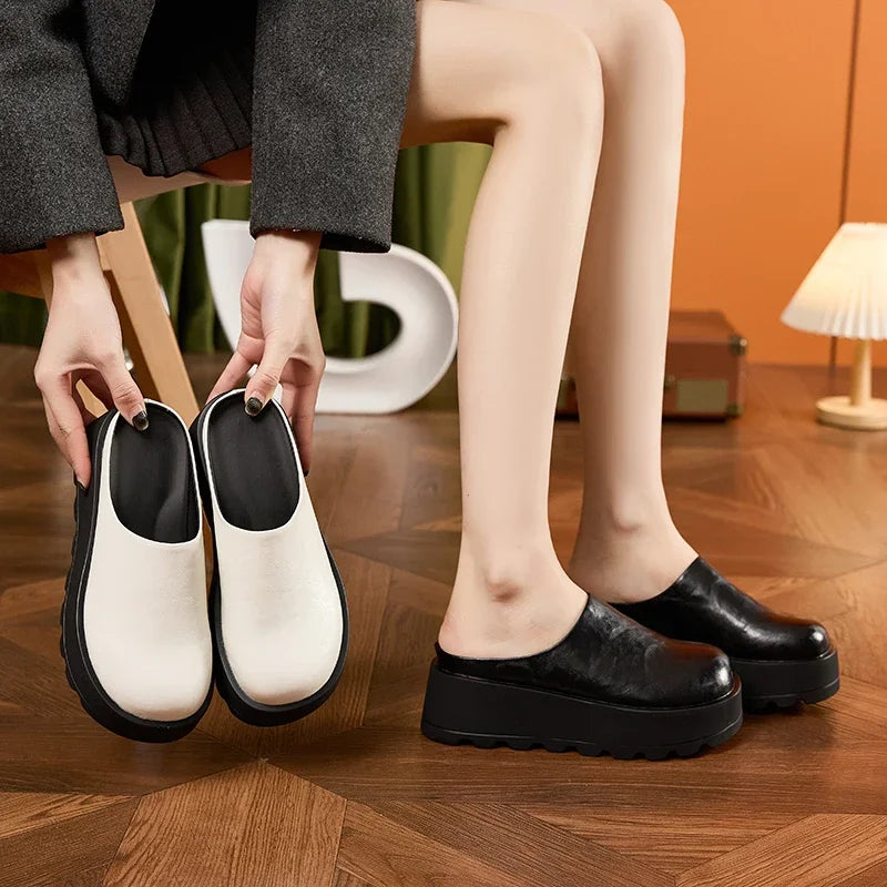 AUTUSPIN 7cm High Heels Mules Shoes for Women 2025 Spring Summer Fashion Thick Soled Ladies Slippers Round Toe Loafers Woman
