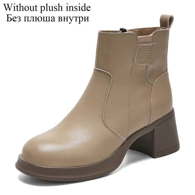 DRKANOL 2025 Women High Heel Ankle Boots Autumn Winter Plush Warm Shoes Quality Real Cowhide Trend Thick Heel Casual Short Boots