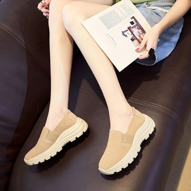 WOIZGIC Women Flats Ladies Mother Female Cow Suede Genuine Leather Shoes Loafers Sports Non Slip Breathable Vulcanized Shoes