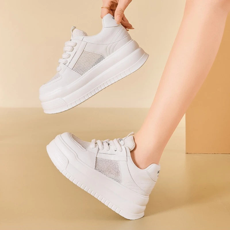 Koznoy 8.5cm Air Mesh Microfiber Leather Women Vulcanize Summer Breathable Lady High Brand Chunky Sneakers Platform Comfy Shoes