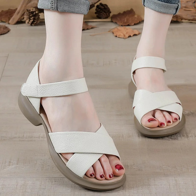 DRKANOL Women Sandals 2025 Summer Open Toe Shoes Solid Color Concise Genuine Leather Thick Heel Hook And Loop Casual Sandals