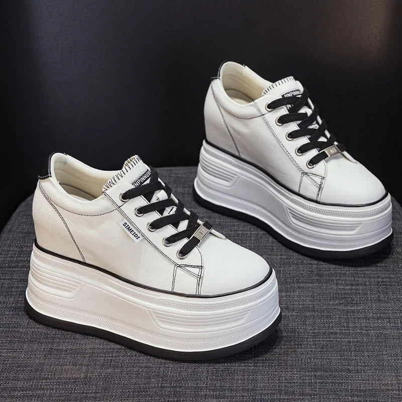 Fujin 12cm Denim Cow Genuine Leather Platform Wedge Shoes Chunky Sneaker Casual Comfy High Brand Rhinestone Spring Autumn Shoes