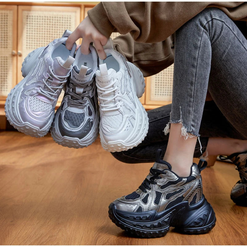 Fujin 12cm Air Mesh Microfiber Genuine Leather Spring Shoes Ankle Booties Women Vulcanize Chunky Sneakers Platform Wedge Autumn