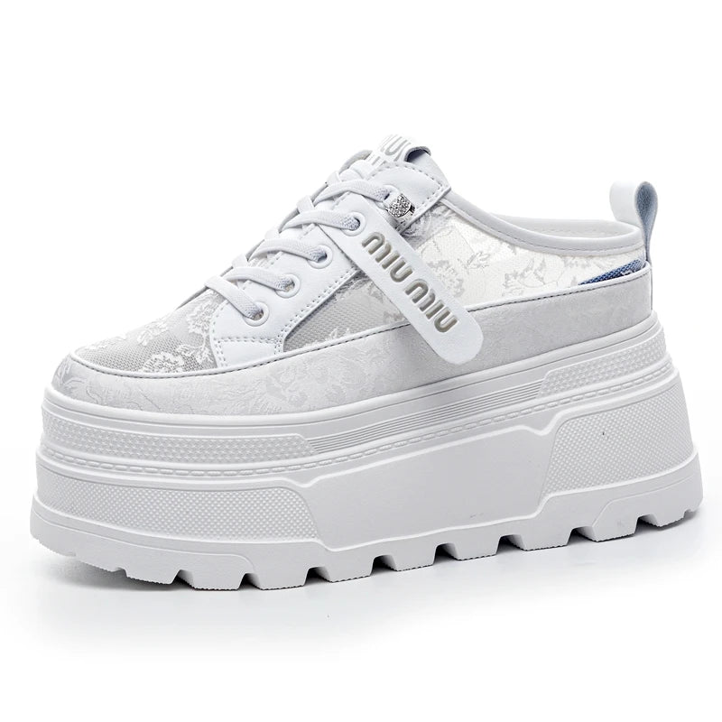 AUTUSPIN 8cm Women Lace Shoes Summer White Cover Toe Slippers High Platform Ladies Casual Sports Sneakers Fashion Sandals Woman