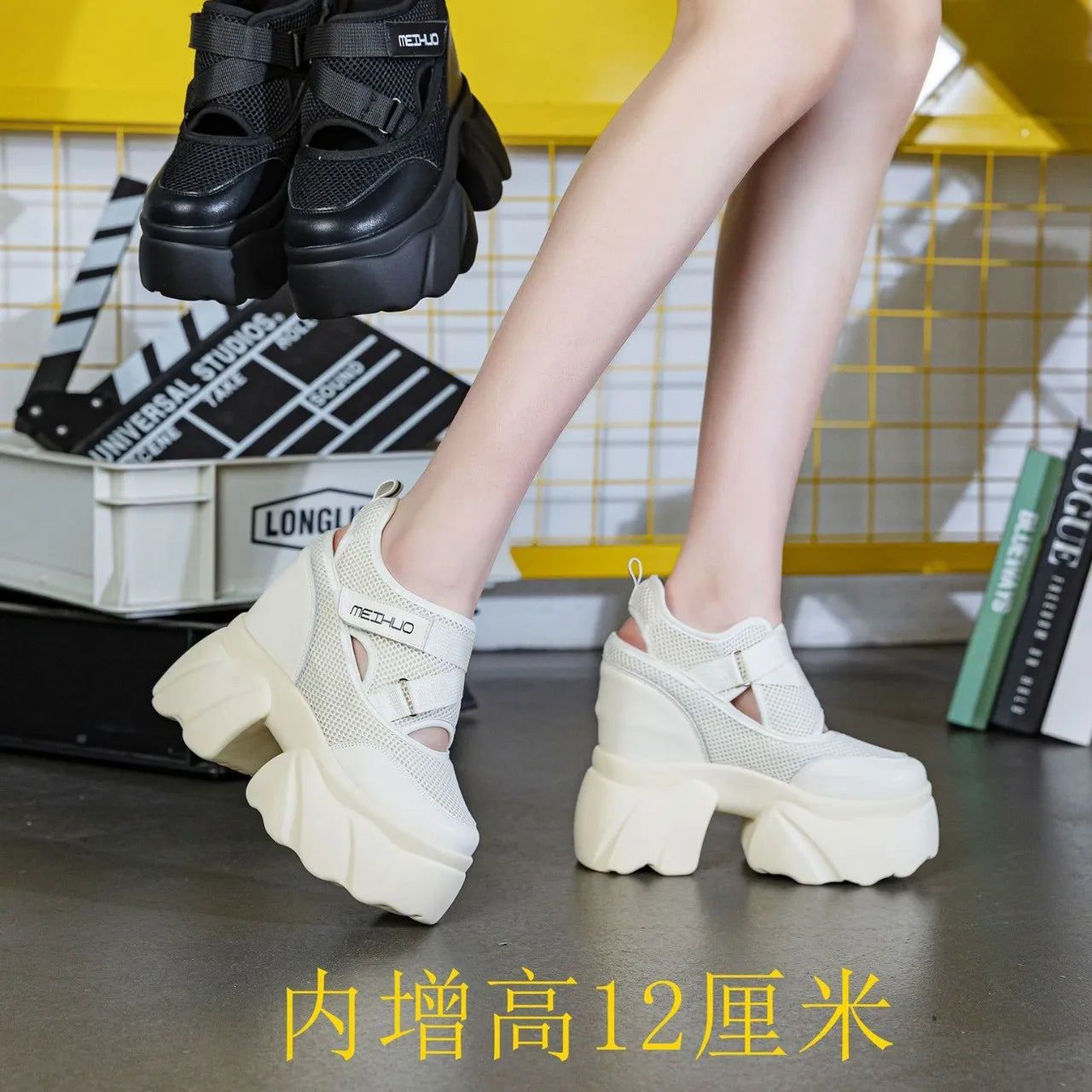 Fujin 12cm Women Summer Air Mesh Chunky Sneaker Slides Sandals Platform Wedge Microfiber Shoes Mules Shoes Hollow Platform Wedge