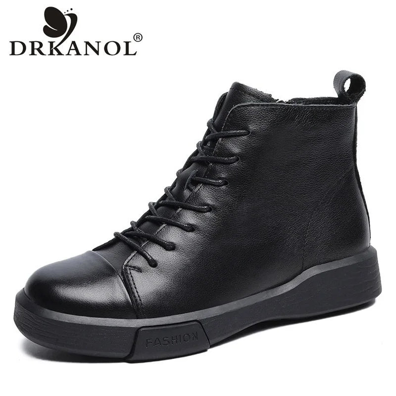 DRKANOL 2025 Fashion Women Flat Ankle Boots 100% Cow Genuine Leather Round Toe Autumn Winter Warm Casual Short Boots Black Brown