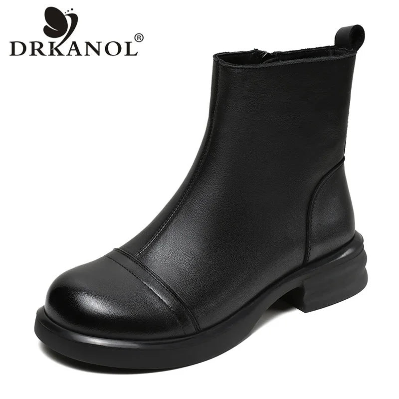 DRKANOL Women Genuine Leather Boots 2025 Autumn Winter Warm Thick Heel Side Zipper Comfort Casual Ankle Chelsea Boots Beige