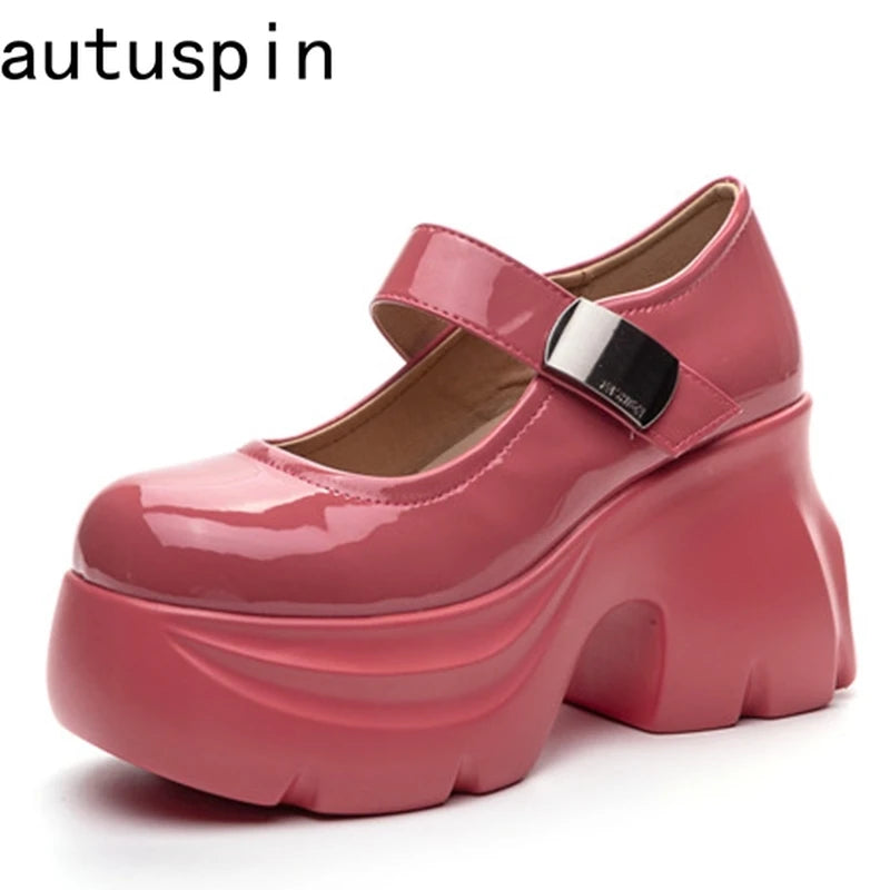 AUTUSPIN 9cm Fashion Wedges Pumps Women Rose Red High Heels Ladies Party Wedding Thick Bottom Leather Shoes Woman Mary Janes