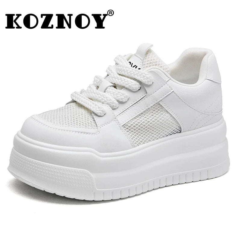 Koznoy 8.5cm Air Mesh Microfiber Leather Women Vulcanize Summer Breathable Lady High Brand Chunky Sneakers Platform Comfy Shoes