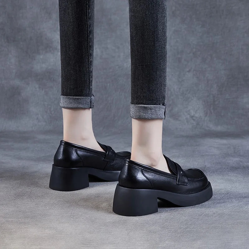 DRKANOL 2025 Women Genuine Leather Loafers High Quality Genuine Leather Slip-On Chunky Platform Pumps Women High Heel Shoes