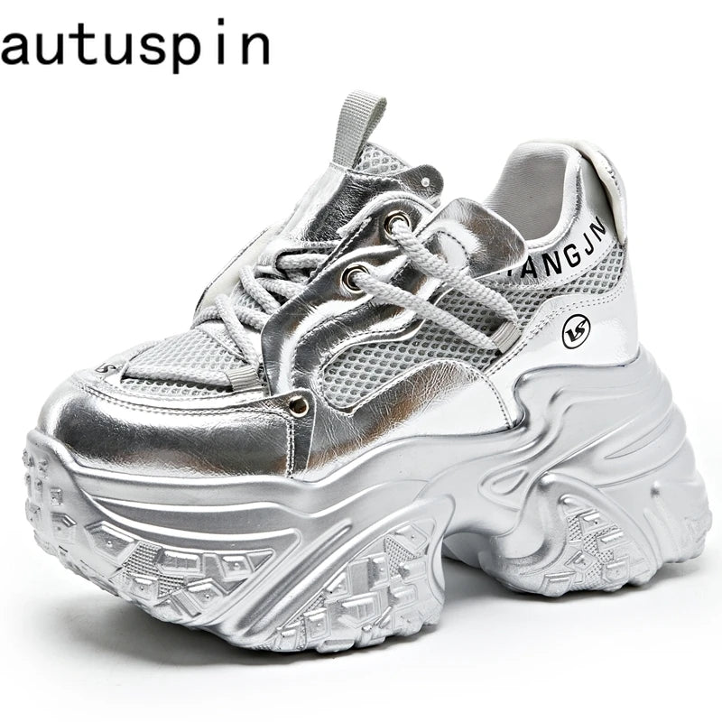 AUTUSPIN 9cm Hidden Heels Women Sneakers Newest Winter Autumn Genuine Leather Sports Walking Shoes Female Breathable Shoes Comfy