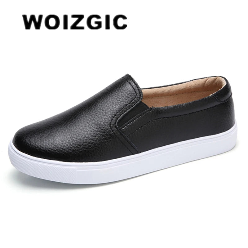 WOIZGIC Women Ladies Female Gril Genuine Leather White Shoes Flats Platforn Sneakers Slip On Soft Vulcanized Shoes ZQMF-960