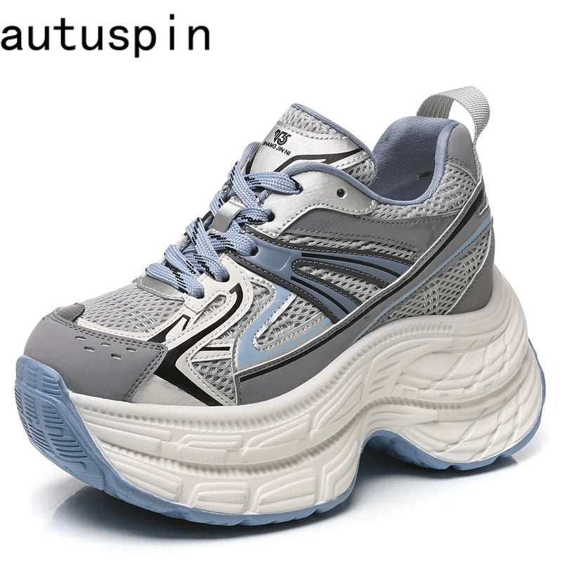 AUTUSPIN High Platform Women Sneakers 2025 Spring Fashion Thick Soled Shoes Breathable Mesh Splicing Footwear Outdoor Popular