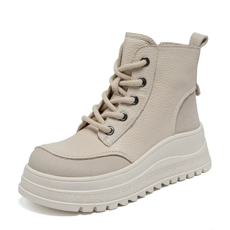 DRKANOL Fashion Women Thick Sole Wedges Heel Ankle Boots Spring Autumn Round Toe Genuine Leather Chunky Platform Casual Boots