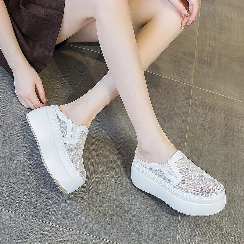 Fujin 8cm Air Mesh Lace Genuine Leather Comfy Platform Wedge Slippers High Brand Breathable Summer Platform Wedge Casual Shoes