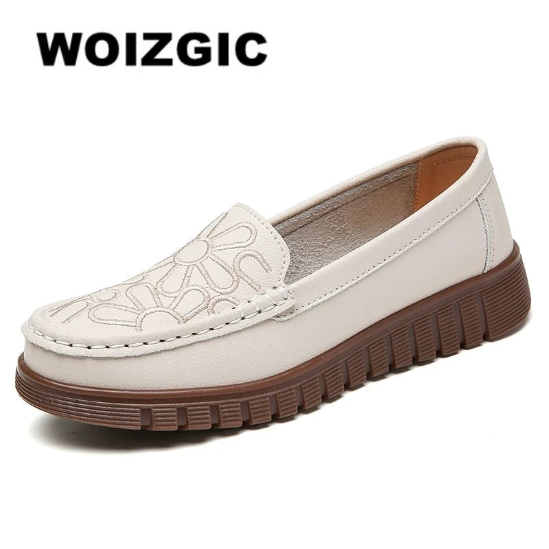 WOIZGIC Women's Ladies Mother Shoes Genuine Leather Flats Non Slip On Soft Spring Autumn Loafers Moccasin