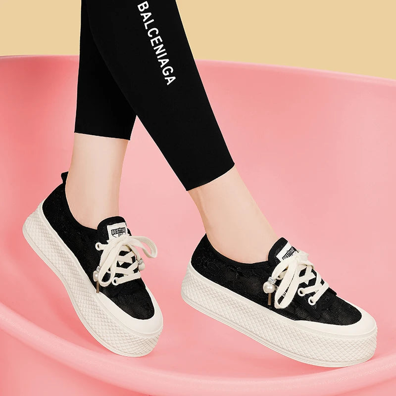 AUTUSPIN 4cm Breathable Lace Mesh Women's Shoes Summer New Arrival Platform Chunky Canvas Shoe Students Casual Sneakers 2024