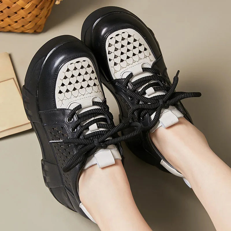 DRKANOL Fashion Summer Chunky Platform Shoes Women 2024 Genuine Cow Leather Mixed Colors Hollow Out Breathable Wedges Heel Shoes