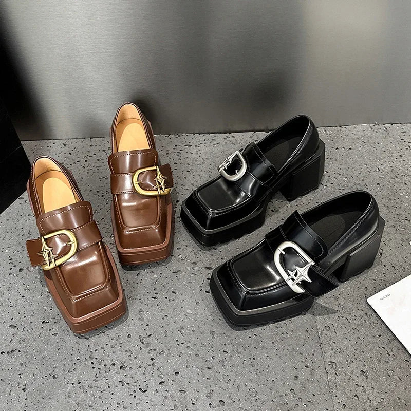 AUTUSPIN New British Style Women Pumps Popular Ladies Mary Janes High Thick Heels Woman Leather Square Toe Shoes Winter Female