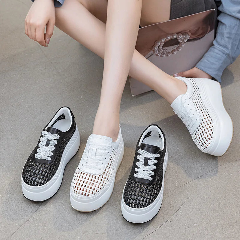 Fujin 8cm Air Mesh Weave Microfiber Leather High Brand Platform Wedge Fashion Summer Comfy Shoes Sandals Women Chunky Sneaker