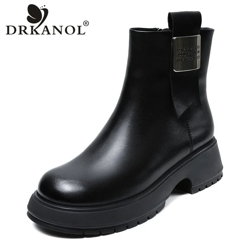 DRKANOL Fashion Women Winter Snow Boots 100% Natural Wool Genuine Cow Leather Thick Heel Platform Shearling Fur Warm Ankle Boots
