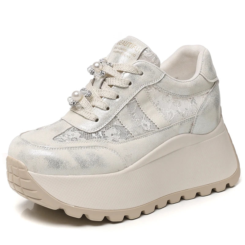 AUTUSPIN 7.5cm Women Lace Shoes Summer Breathable Microfiber Leather Splicing High Platform Skateboard Sneakers Oudoor Tide