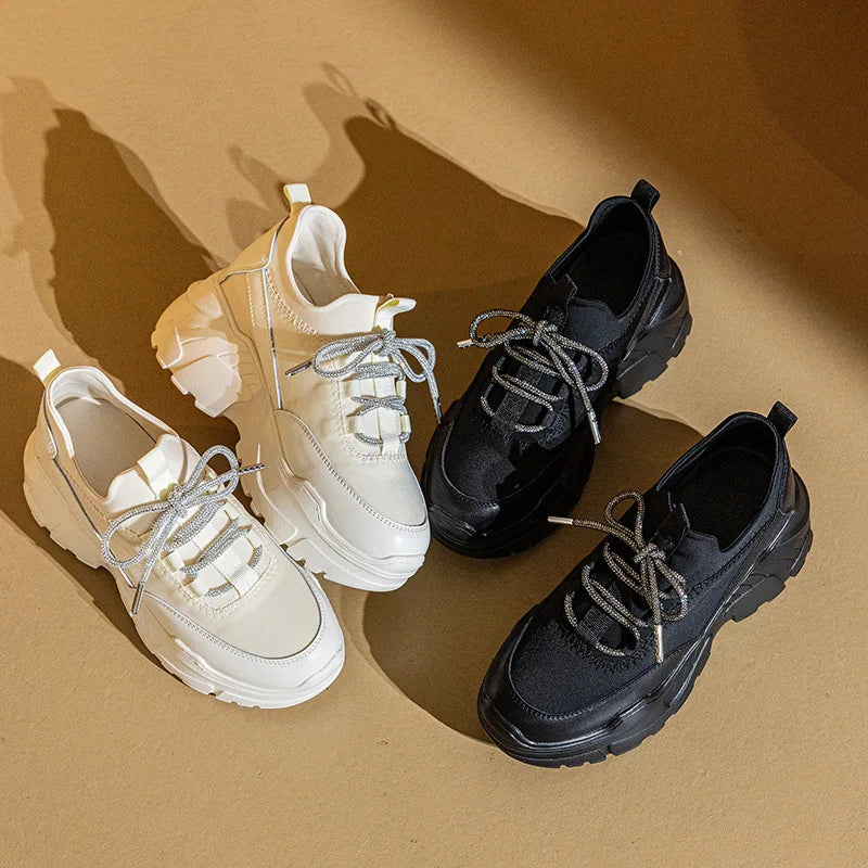 Fujin 7cm Chunky Sneakers for Women Casual Shoes Genuine Leather Fashion Sneakers Comfortable Women Walking Shoes Fall Spring