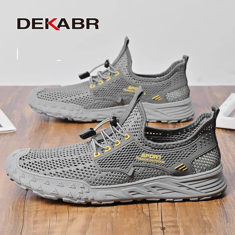 DEKABR Summer Men's Breathable Mesh Lightweight Comfortable Drawstring Casual Shoes Outdoor Non-Slip Thick Sole Sneakers Black