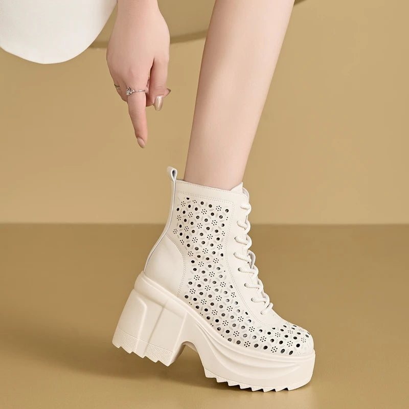 Autuspin 10cm Platform Knight Short Boots Women Summer Hollow Genuine Leather Fashion Lace-up Shoes Breathable Ladies Ankle Boot
